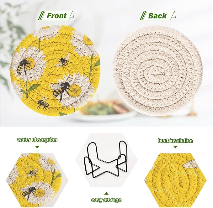 Daisies Bees Yellow Pattern Coasters - Image 4