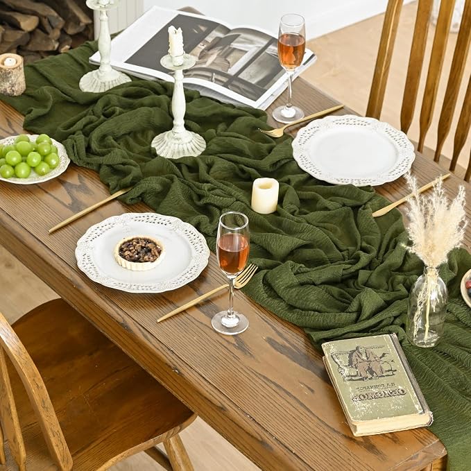 Artoid Mode 3PC Boho Cheesecloth Gauze Olive Green Wedding Table Runner - Image 4