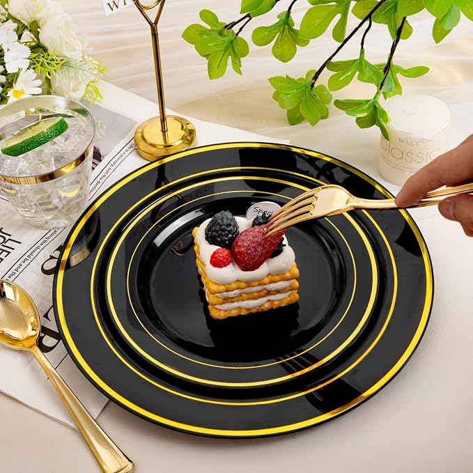bUCLA 600PCS Black and Gold Disposable Dinnerware Set - Image 5