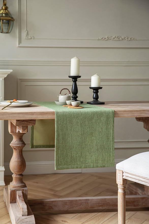 Burlap Style Farmhouse Table Runner, 14x90 Inches Grass Green | Thick Durable - Image 2