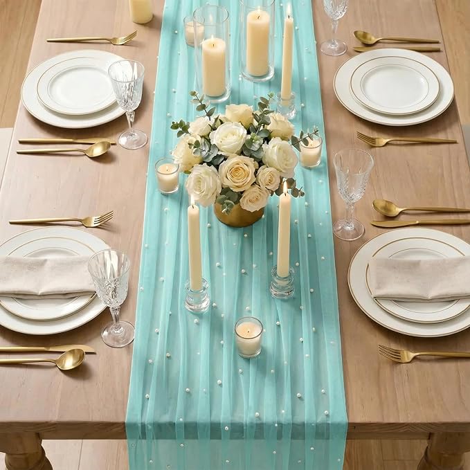 Artoid Mode 3PCS Pearl Turquoise Gauze Table Runner 120 Inch 10FT, Seasonal - Image 3