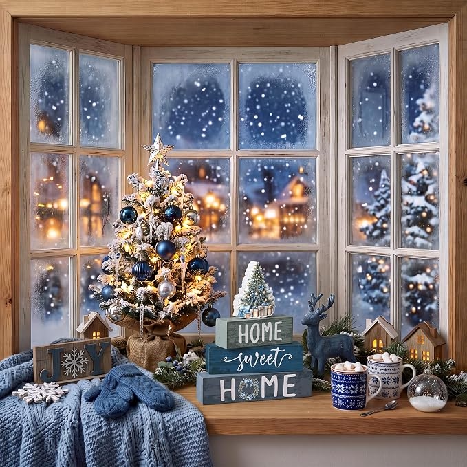 Cinnvoice 4 Pcs Blue Christmas Tree Wooden Block Decor Winter Farmhouse Tiered - Image 5