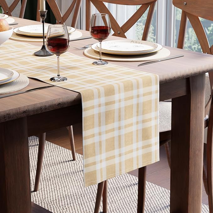 Encasa XO Table Runner, Woven Cotton Dining Runner 13"x120" Franca Beige Checks by EncasaXO