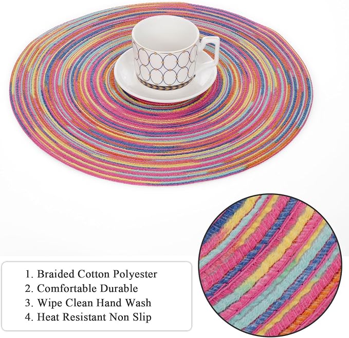 SHACOS 15 inch Round Placemats Set of 6 Variegated Multicolor Place Mats Cotton - Image 2