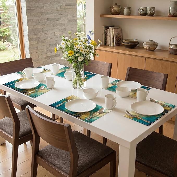 Emvency Farmhouse Placemats Set of 6, 12x18 Inch, Teal Modern Gold Blue | - Image 7