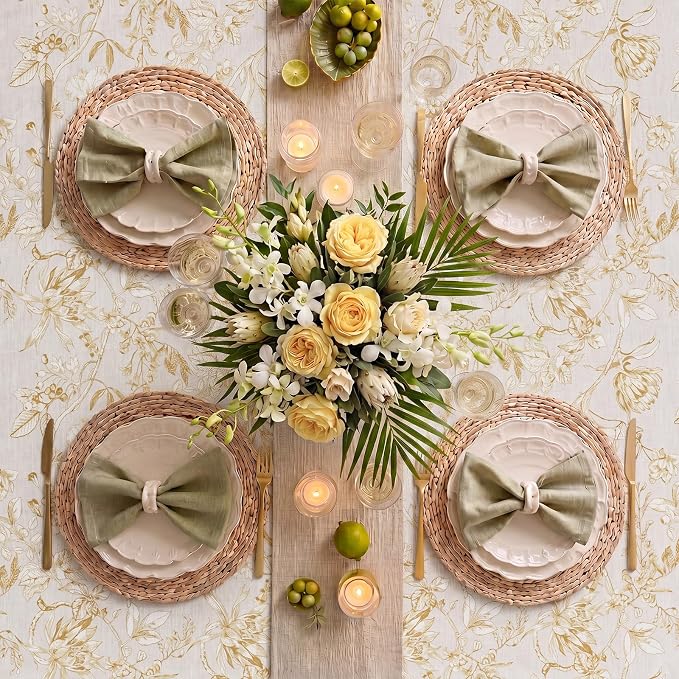 jinchan Yellow Floral Linen Rectangle Table Cloth 50 x 84 Inch | Elegant floral - Image 7