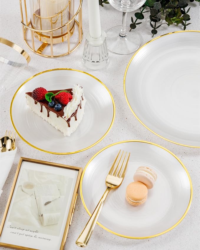 Morejoy 60Pcs Pearl White Plastic Plates, Modern swirl design Plates Include - Image 8