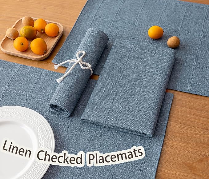 Linen Checked Placemats Set of 4, Machine Washable, Thick Textured Farmhouse - Image 4