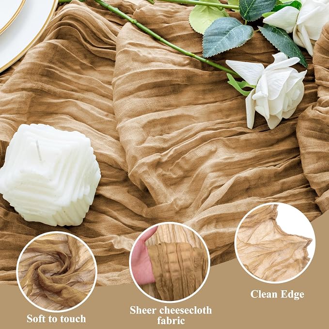 Cheesecloth Table Runner 10FT 12Pcs Khaki Boho Gauze Rustic Sheer Runners | - Image 3