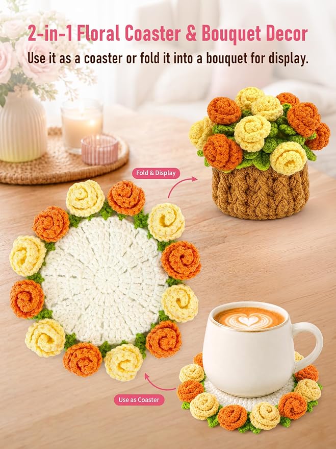 Crochet Flower Bouquet Coasters, Cotton Rose Gifts - Image 6