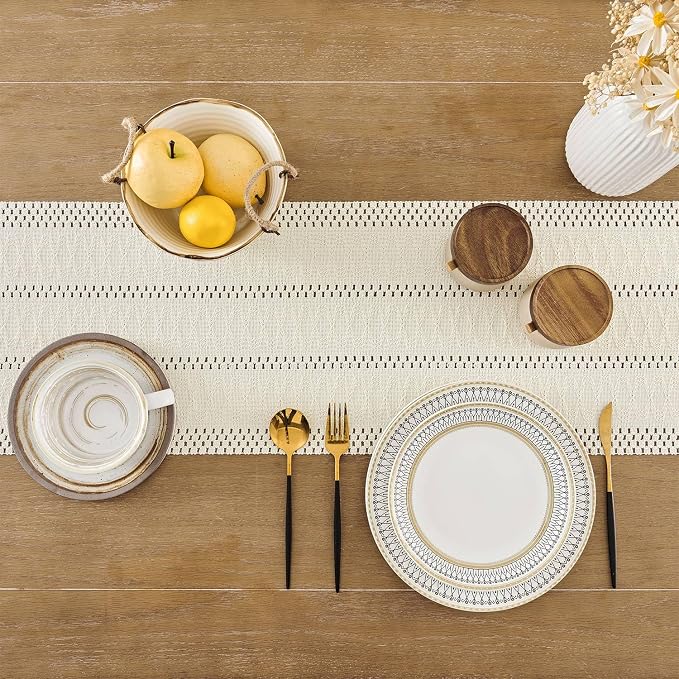 Macrame Style Boho Table Runner, 12x60 Inch Ivory | Woven Boho Table Runner - Image 4
