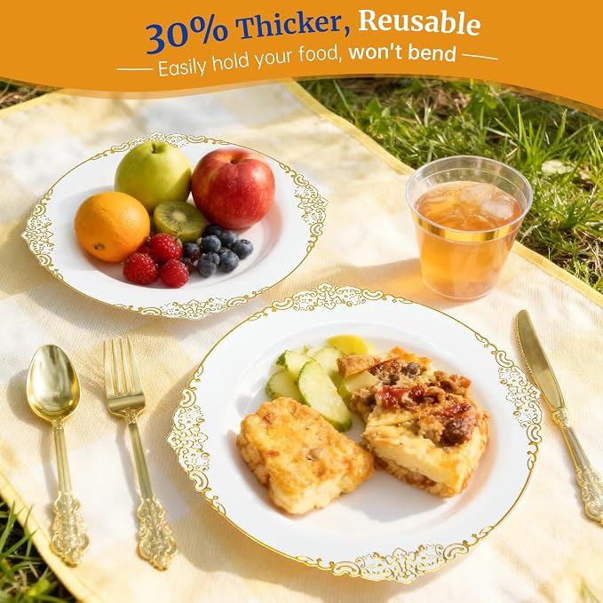 AIRE White Gold Plastic Plates Set, sturdy leakproof cutlery, fancy party - Image 5