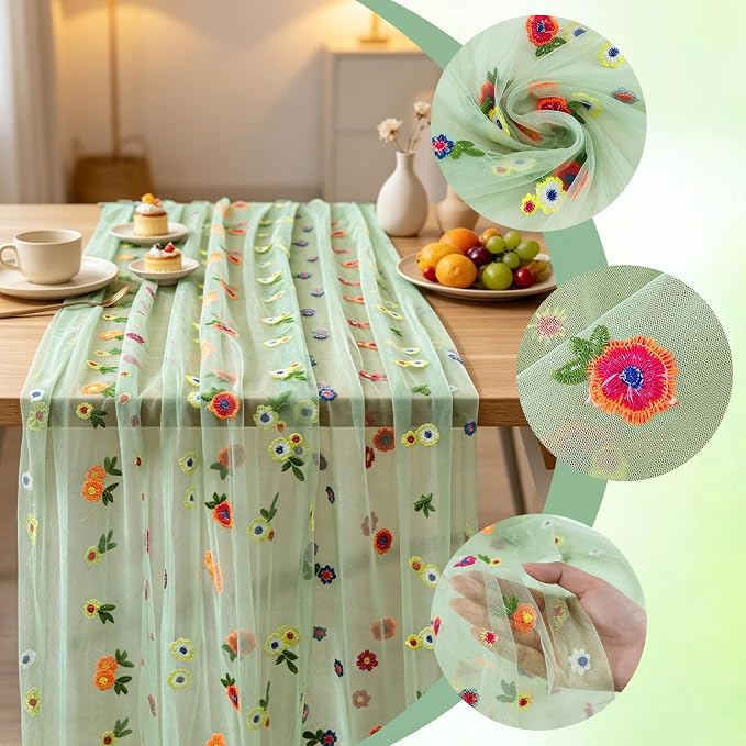 BINBE 1pcs Daisy Spring Table Runner Embroidery Gauze 10FT Florals Seasonal - Image 3