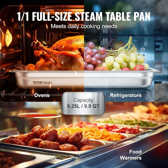 VEVOR 6 Pack Stainless Steel Hotel Pans, 2.5-Inch Deep 0.8mm Thick Commercial - Image 4