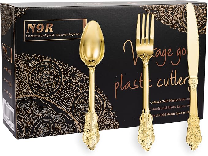 300PCS Gold Plastic Silverware, Vintage Disposable Utensils & Cutlery | 100 by N9RTABLEWARE
