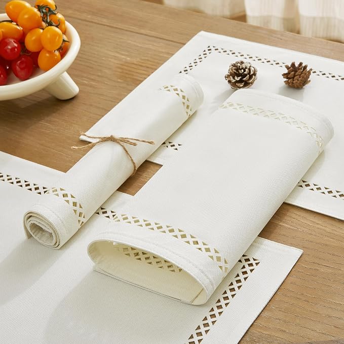 Farmhouse Burlap Hollow Placemats Set of 6, 12 x18 Inch Off White | Double Layer - Image 6