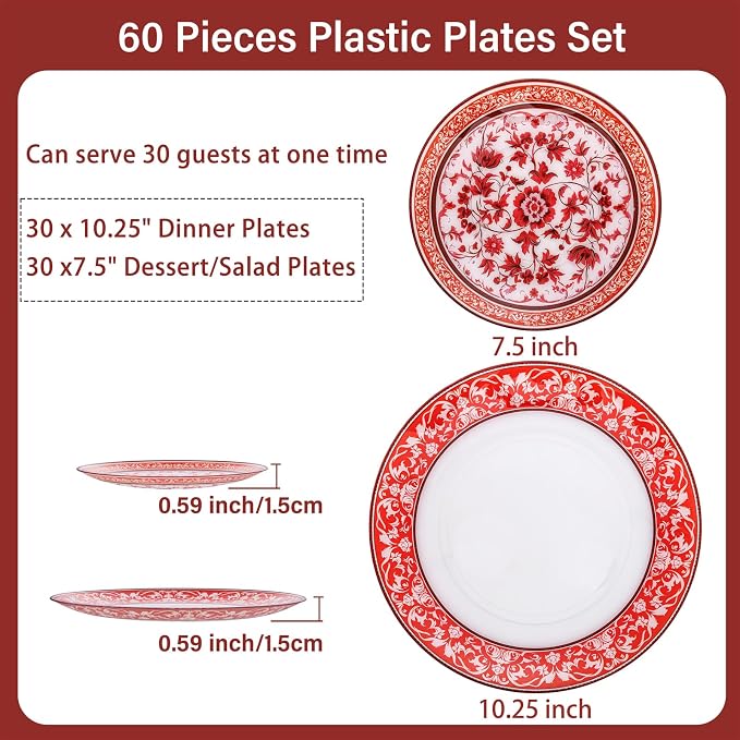 Red Plastic Plates, Fancy Disposable Pates, 10.25" dinner & 7.5" dessert plates - Image 3