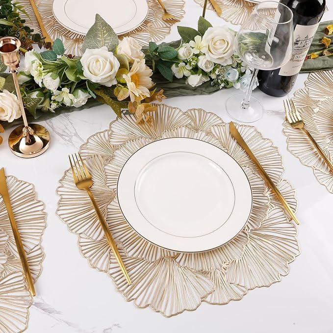 Round Placemats Pressed Vinyl Metallic Flower Place Mats Set of 6 | 15 Inch - Image 6