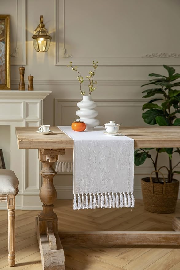 White Table Runners 108 Inches Long, Burlap Linen Style Rustic Farmhouse Table - Image 3