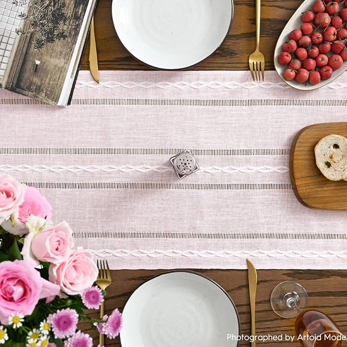 Artoid Mode Pink Rustic Cotton Linen Table Runner, Seasonal Embroidered Hollow - Image 3