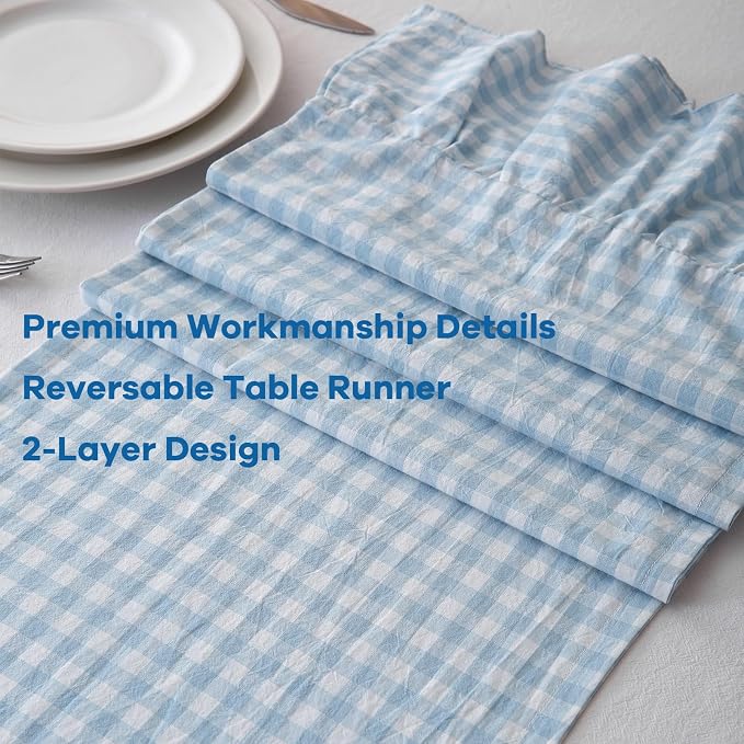 Light Blue White Plaid Gingham Ruffle Table Runner 108 inches Long 100% Washed - Image 5