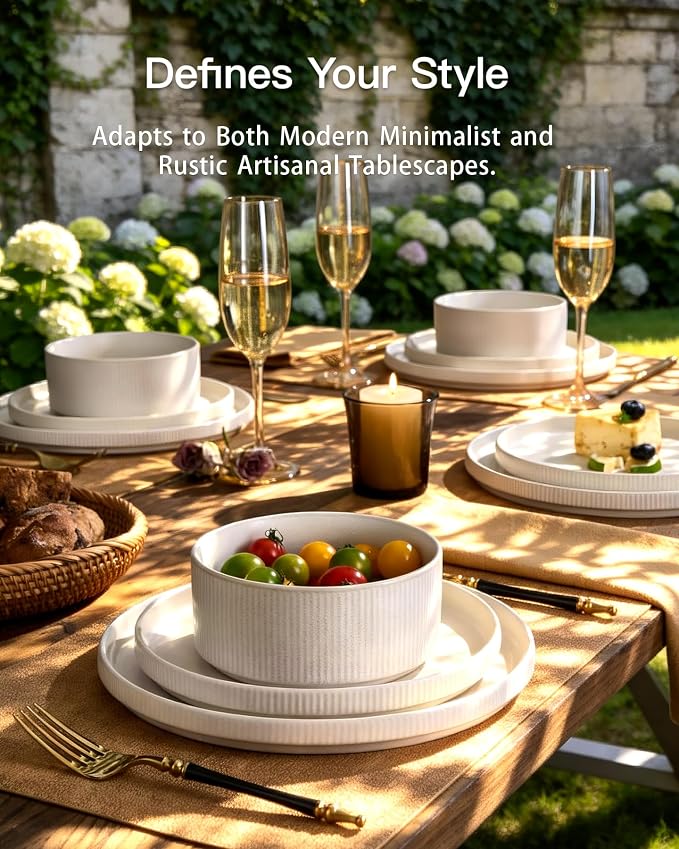 Ceramic Plates & Bowls Sets for 6, Handmade Reactive Glaze | Matte White - Image 2