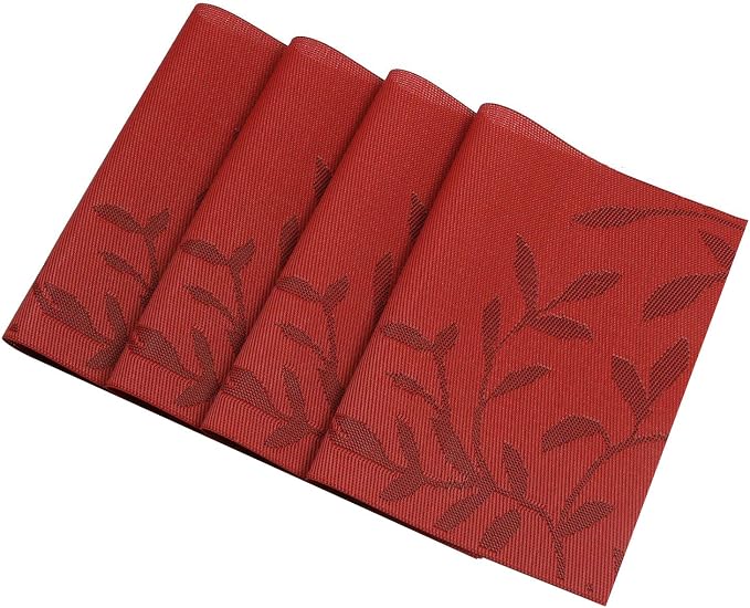 SHACOS Woven Vinyl Placemats Set of 8 Red Leaf Pattern Wipeable Place Mats - Image 3