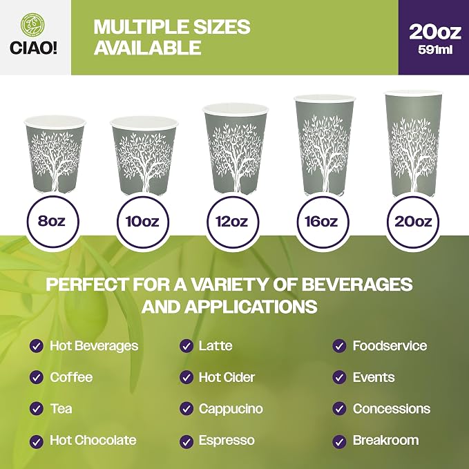 CIAO! 20oz Paper Hot Cup, Rooted Olive Print - Image 5