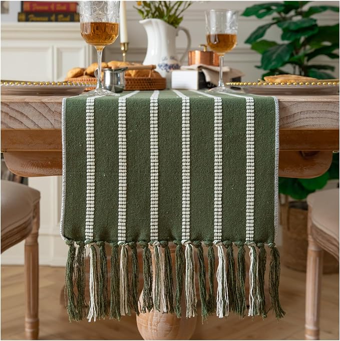 Caflife Boho Table Runner 108 Inchs Long Green, Cotton and Linen Woven by Caflife