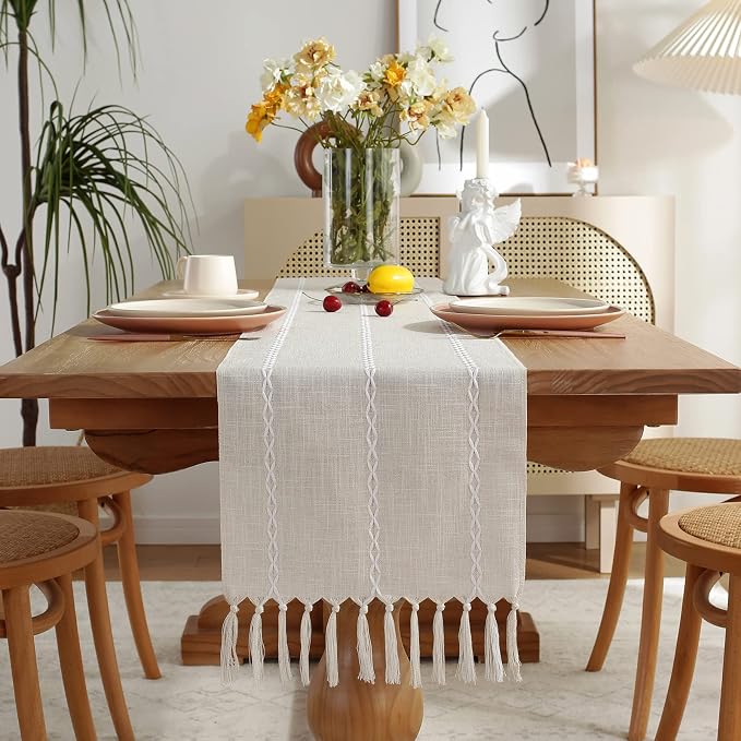 Wracra Rustic Linen Table Runner, Ivory Table Runners 108 inches Long | Raised - Image 5