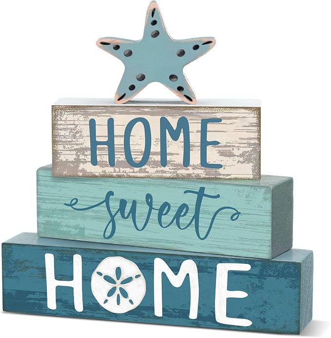Cinnvoice 4 Pcs Beach Summer Starfish Wooden Block Decor Coastal Farmhouse by Cinnvoice