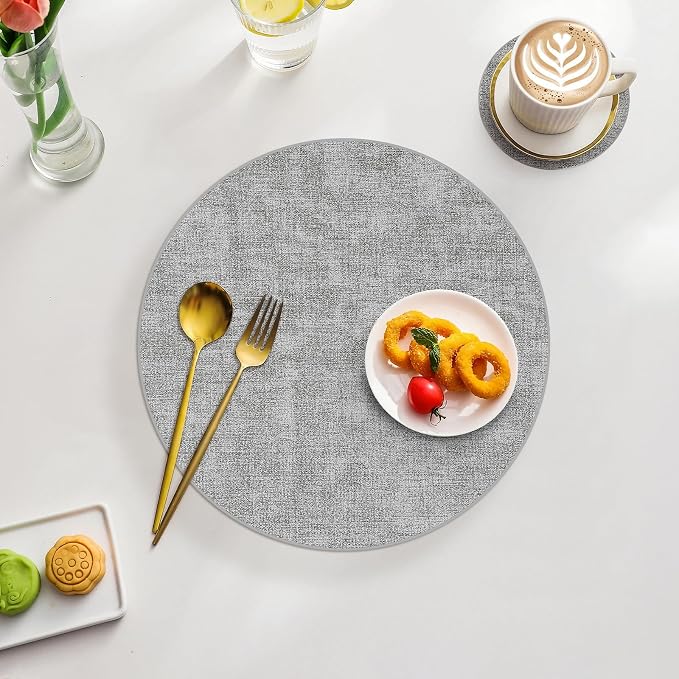 Homaxy Round Faux Leather Placemats and Coasters, Light Grey | Washable - Image 7