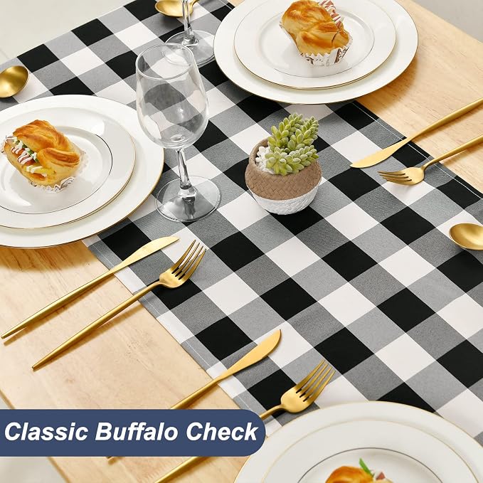 Buffalo Plaid Table Runner Black and White 14W x 36L, 1 Piece | Waterproof - Image 2