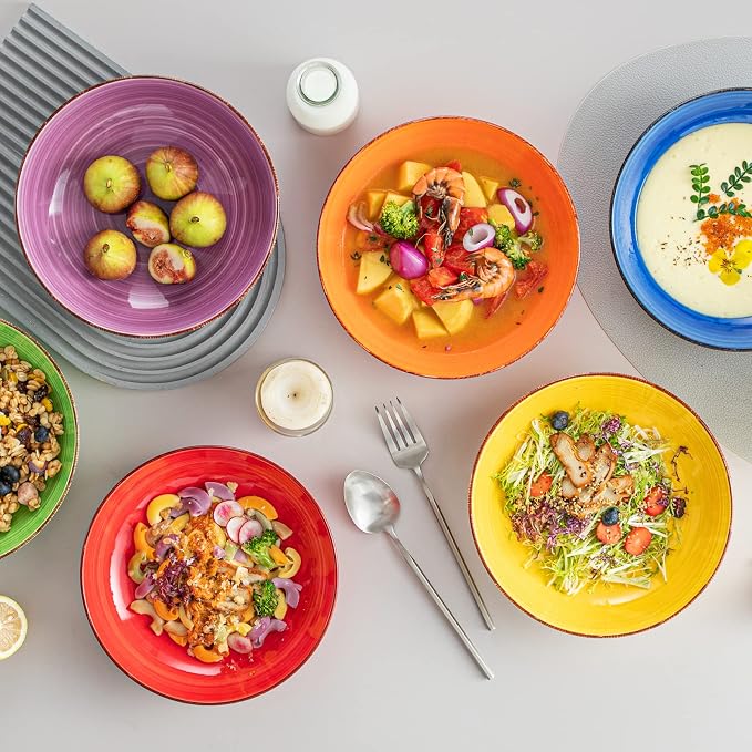 vancasso Bonita Pasta Bowls Set of 6, 38 oz Shallow Ceramic Bowls - Image 5