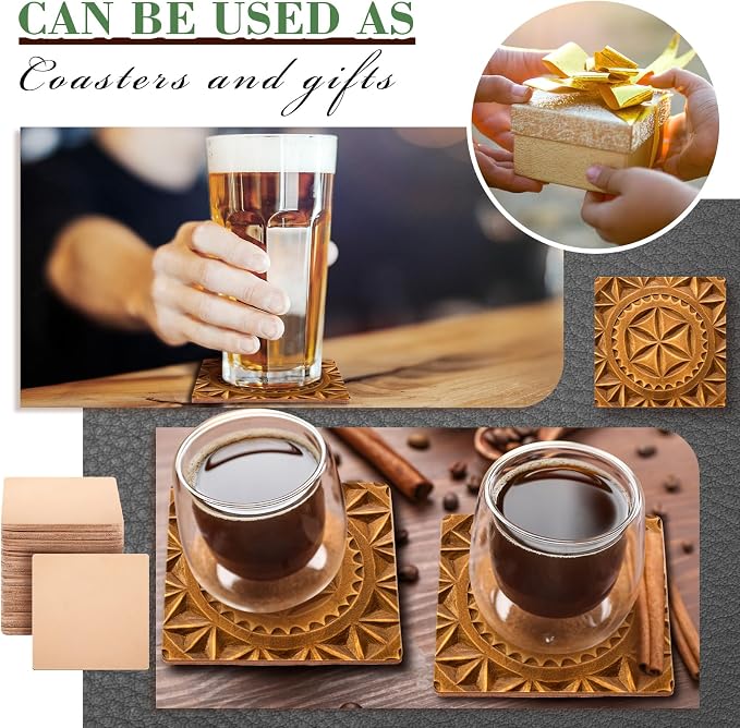 Bulyoou 50 Pcs Square Vegetable Tan Leather Coaster 4" Tooling | Veg Tan Leather - Image 5