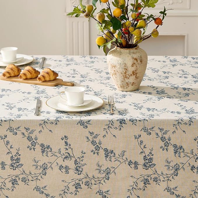 jinchan Blue Farmhouse Floral Linen Square Table Cloth 52 x 52 Inch | Rustic - Image 4