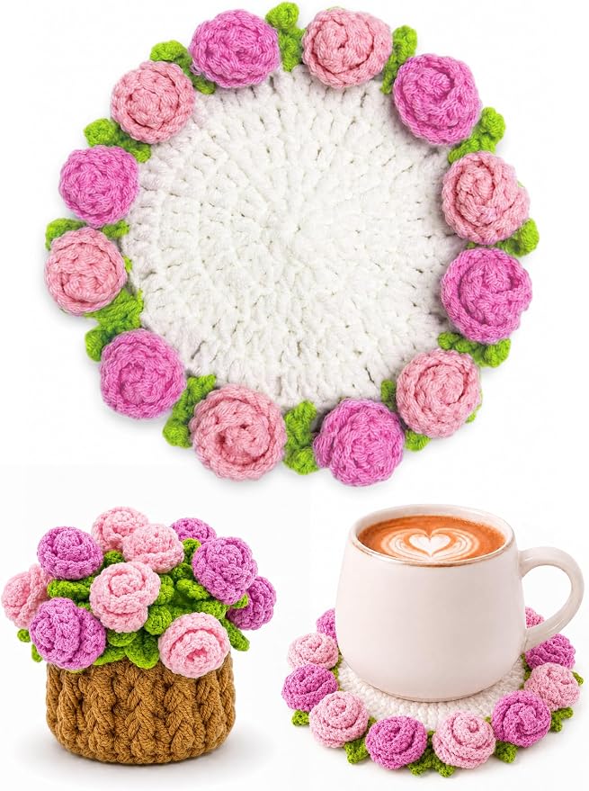 Crochet Flower Bouquet Coasters, Cotton Rose Gifts by KQJS