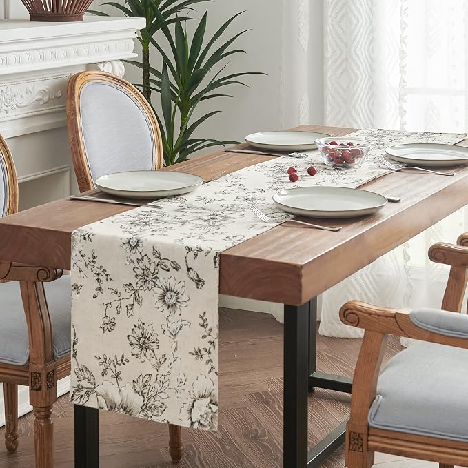 jinchan Black Floral Linen Table Runner 13 x 108 Inch Farmhouse | Vintage - Image 2