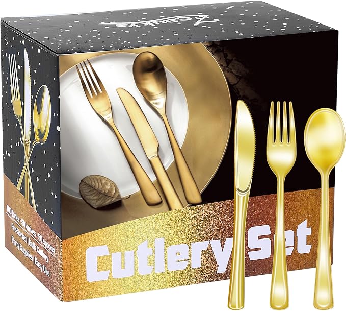 Zcaukya 200 Pieces Gold Plastic Silverware Set | Disposable Cutlery, 100 Forks by Zcaukya%7CBringYouHappyTime