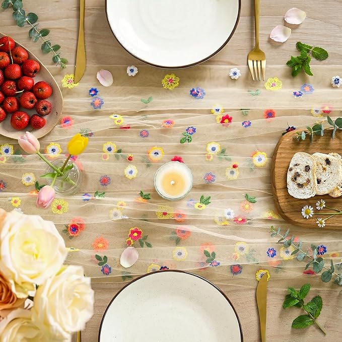 Artoid Mode Beige Apricot Floral Gauze Embroidery Table Runner 120Inch 10FT | - Image 2