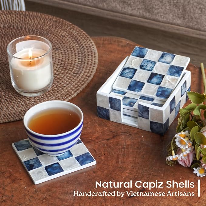 4" Capiz Checkered Square Coasters Set 6 - Image 2
