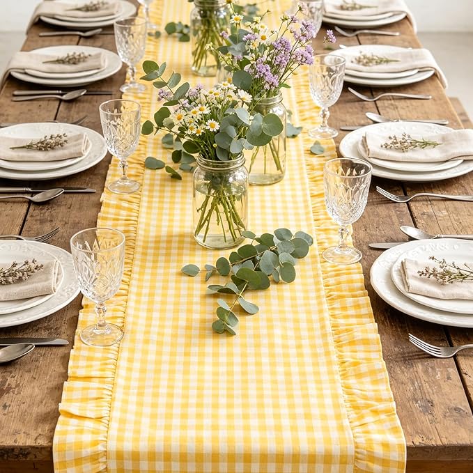 Eternal Beauty 14x120 Gingham Ruffle Table Runner, 100% Washed Cotton Plaid - Image 2