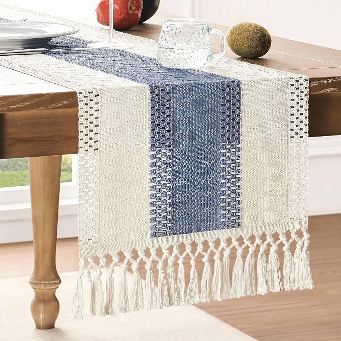 Macrame Style Bicolor Stitching Table Runner 14x36in Blue | Woven Boho Table by ZEEMARTONLINE