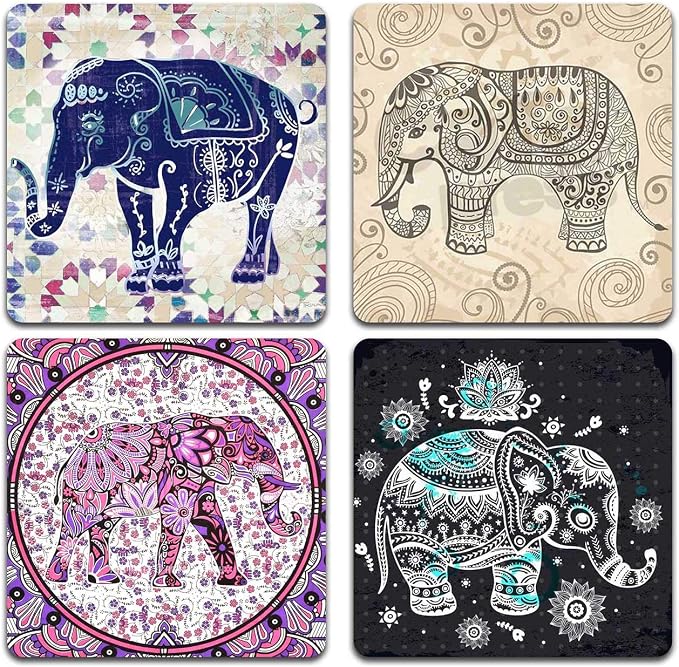 Hand Drawn Elephant Square Coaster Set by QJ+CMJ