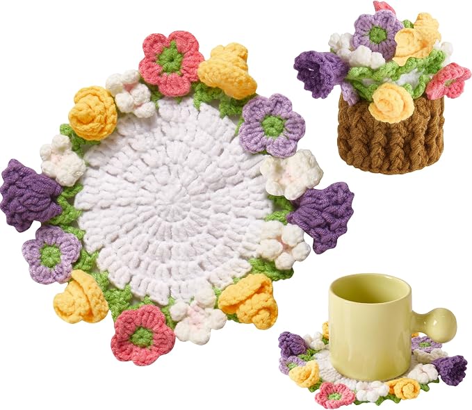 Crochet Flower Coasters, Handmade Bouquet Coasters by VaneOak
