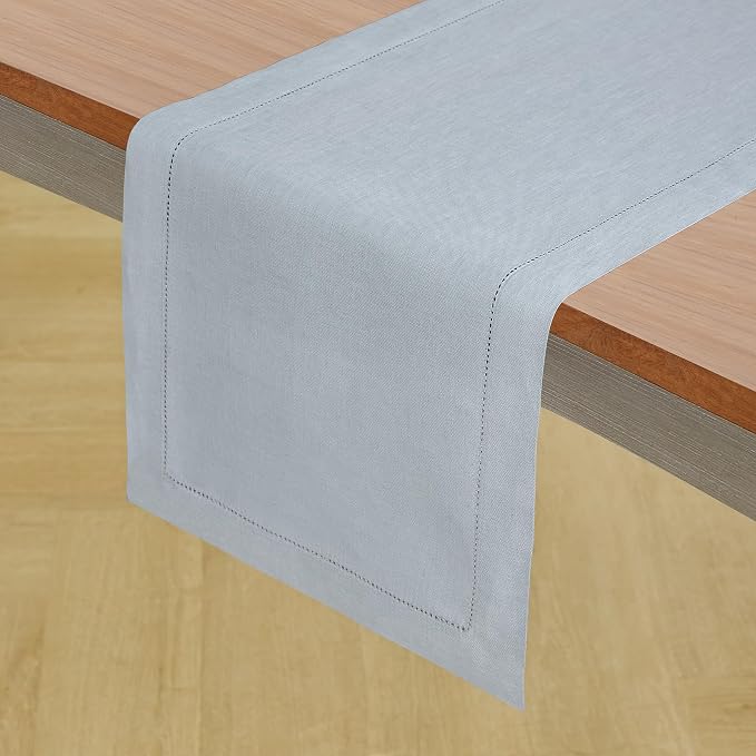 Solino Home 100% Pure Linen Table Runner Dusty Blue Hemstitch, 14 x 156 in | - Image 2