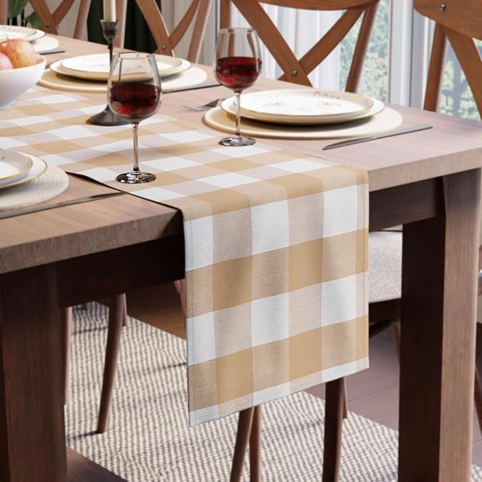 Encasa XO Table Runner, Woven Cotton Dining Runner 13"x91" Buffalo Beige Checks by EncasaXO