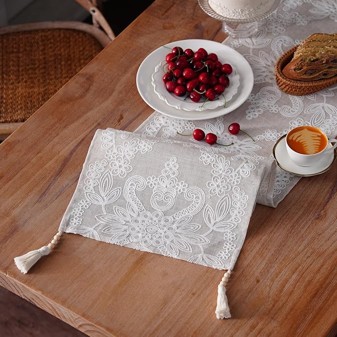 Embroidered Table Runner Boho Farmhouse Dresser Scarf, 4 Tassel Pendants - Image 4