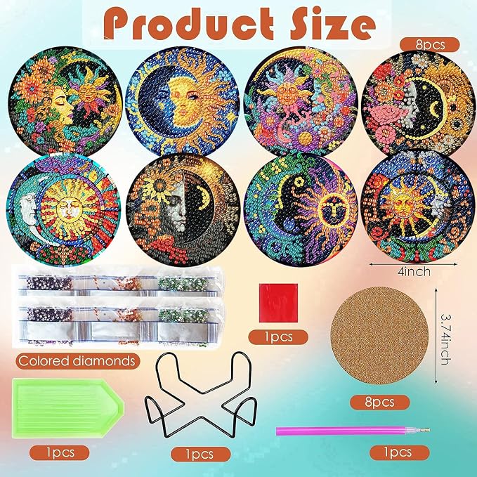ijbnhd 8 Pcs Sun & Moon Diamond Art Coasters - Image 3