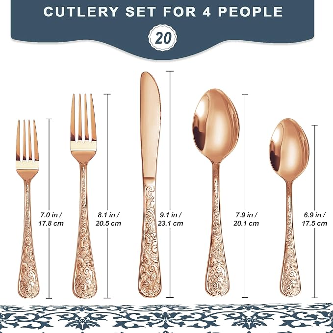 Runfly Vintage Carved Rose Gold Stainless Steel 20-Piece Flatware Set | - Image 2